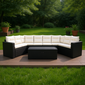 Ensemble de canapés de jardin noir et crème en rotin d'extérieur avec coussins en mousse haute densité, design contemporain imperméable - Product Image 2