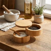 GL grosir kotak penyimpan bambu 2 tingkat, teh bambu bulat garam bumbu dan Lada dengan tutup putar magnetik untuk dapur