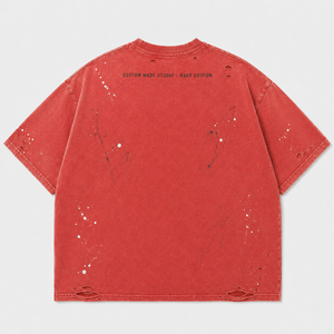 Camiseta Roja Teñida con Efecto Salpicado de Pintura, Estilo Desgastado, Algodón Grueso, Corte Holgado, Estilo Urbano Vintage, Personalizada para Hombre - Product Image 2