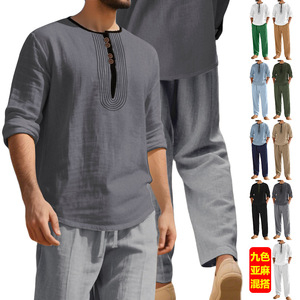 Ensemble décontracté en lin pour homme : chemise Henley à manches longues et pantalon ample bleu clair pour le quotidien, style plage estival - Product Image 2