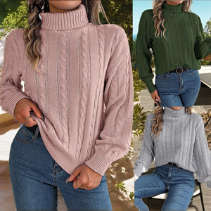 Suéteres de Punto Casuales con Cuello Alto para Mujer, Novedad Popular de Otoño, Bordado Floral Frontal, Manga Larga Oversize, Venta al por Mayor - Product Image 2