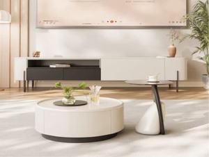 Modern <b>Round</b> Coffee <b>Table</b> With Storage <b>White</b> Resin Top Metal Frame Living Room Furniture Minimalist Design - Product Image 5
