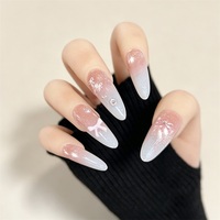 Faux Ongles de Luxe à Presser, Décor Nœud 3D Strass, Longs Stiletto, Dégradé Rose Nude, Paillettes Argentées, Réutilisables, en ABS, 10 Pièces, Faits Main, Acrylique