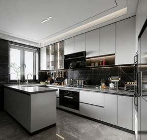 Meubles de cuisine de luxe avec dessus en marbre, bois massif, porte en verre et glissières de tiroir pour villa, mobilier complet pour la maison - Product Image 5