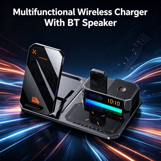 Dropshipping Products Power Banks Multifunctional 6 in 1 Wireless Charging With RGB Light BT Speaker Alarm Clock for iphone Gift