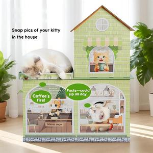 Maisonnette pour chat moderne pliable en carton, thème café, avec griffoir, <span class=keywords><strong>lit</strong></span> de jeu et cachette, pour usage intérieur - Product Image 1