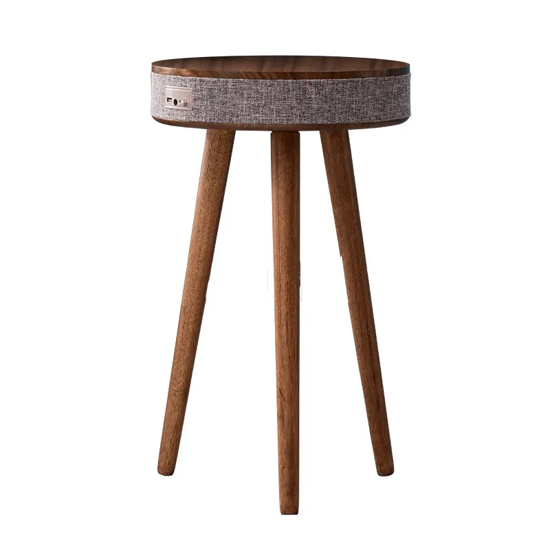Nordic Portable Round Wooden Stand Smart Side Coffee Speaker Table with Dual USB Ports and Wireless Charger