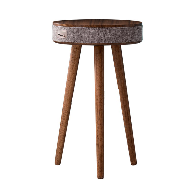 WEKIS Nordic Portable Round Wooden Stand Smart Side Coffee Speaker Table with Dual USB Ports and Wireless Charger