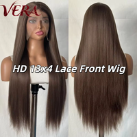 Perruques Lace Front Synthétiques Premium Futura Fibra HD 13*4 en Gros, 340g, Châtain Lisse Mat, Résistantes à la Chaleur, Naturelles et Réalistes