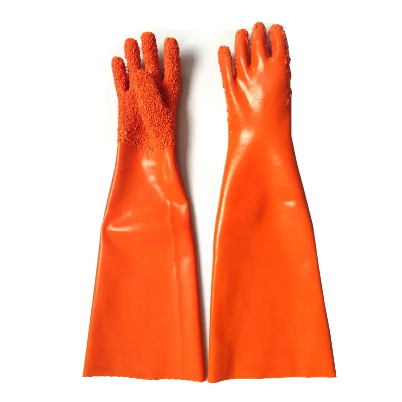 65 cm long waterproof oil acid resistant anti slip particles adult fishing industry orange pvc oil gloves