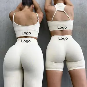 New Arrival 5 PCS Women Bright Colors Ribbed Scrunch Booty Gym Clothing High Support Sports Seamless Yoga Gym Fitness Sets