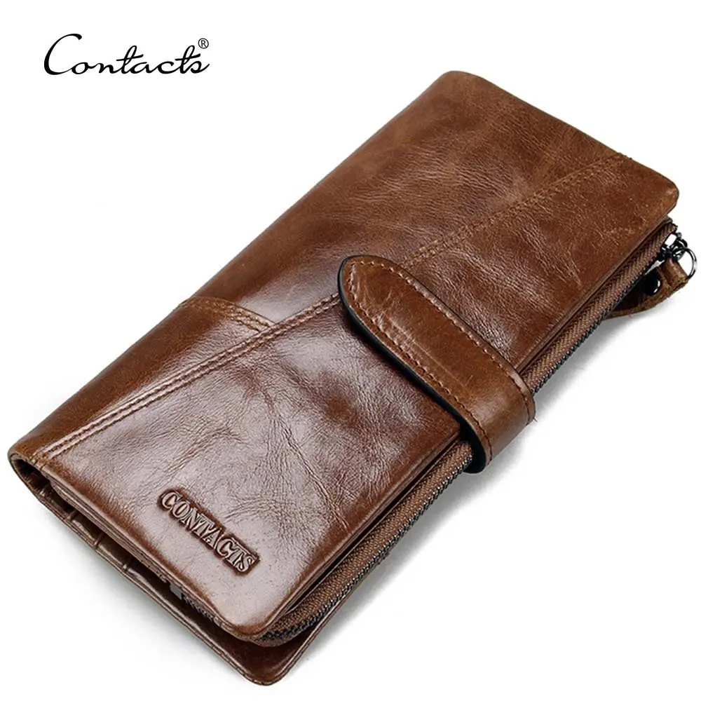 Contact's custom fashion 100% genuine leather RFID wallet men phone wallet coin purse card holder long leather wallet for men