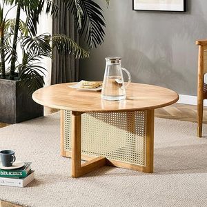 Mesa redonda pequeña de estilo japonés para uso doméstico en apartamentos pequeños, sala de estar, estilo sencillo de madera, con decoración de ratán. - Product Image 1