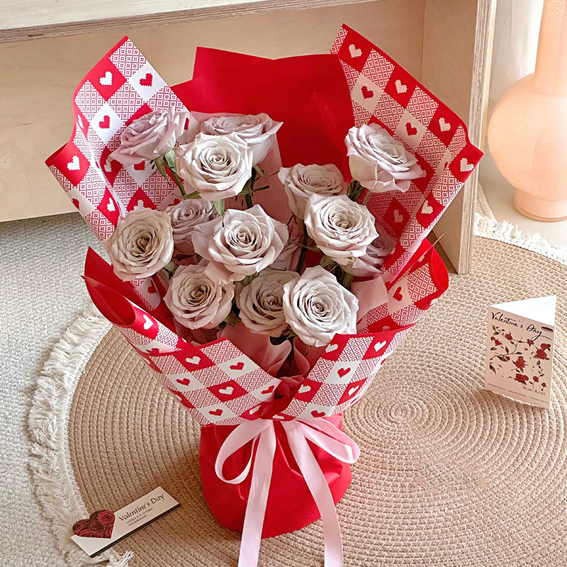 New Cute Square Heart Korean Floral Package Paper Film Vintage Flower Bouquet Wrapping Paper for Valentine's Day