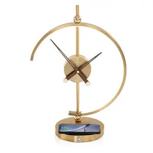 Relógio de luxo moderno, base de madeira, lâmpada de mesa sem fio, com carregador rápido, luz noturna para presentes