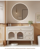 Meuble-lavabo de salle de bain en bois massif avec vasque intégrée en céramique émaillée, style vintage français, étanche IPX4