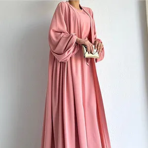 Dubai 2 Pieces Set Modest Abaya Kaftan Casual Dress Muslim Women Long Sleeve Crepe Open Abaya Set