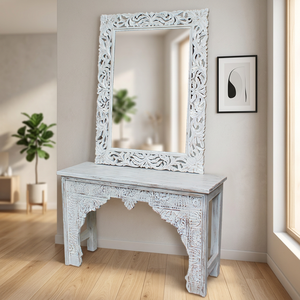 Table de toilette pliable vintage en bois de manguier massif blanc vieilli avec miroir sculpté, mobilier de chambre et d'hôtel - Product Image 5