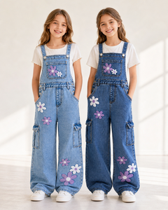 Nuovi Salopette in Denim Ricamate a Fiori per Bambine 2026, Vestibilità Ampia, Jeans Casual a Gamba Larga, Pantaloni con Bretelle, Moda Streetwear per Bambini - Product Image 2