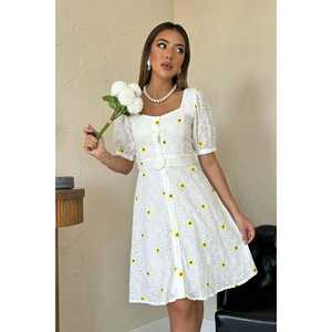 Vestido Vintage de Corte A con Cuello Cuadrado y Bordado Amarillo en Tela Tejida, para Uso Diario Informal, con Cintura Natural - Product Image 2