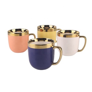Ventes en gros de tasses à thé en céramique coréennes personnalisées, macarons, bord doré, tasse à lait en porcelaine, tasses à café en céramique avec poignée dorée - Product Image 2
