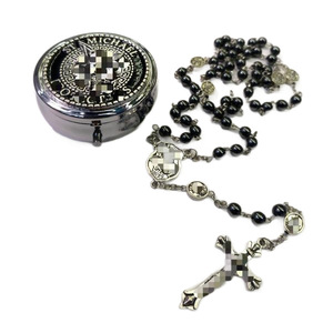 Collier chapelet d'ange noir perlé avec pendentif croix en alliage métallique, bijoux religieux unisexe - Product Image 4