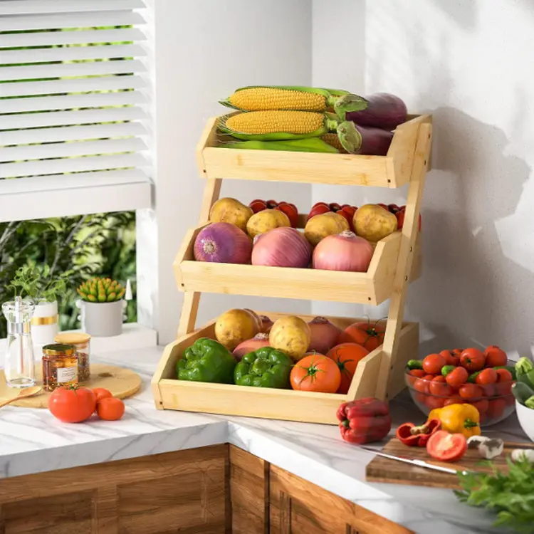 Meja dapur tempat penyimpanan sayur berdiri, piring kayu 3 tingkat pemegang buah bambu keranjang buah