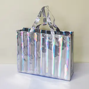 Непромокаемая голографическая Лазерная Переливающаяся Нетканая Подарочная сумка на плечо с логотипом на заказ