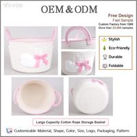 Panier de rangement pliable en corde de coton écologique avec broderie cygne, poignées en nœud rose, pour jouets/vêtements d'enfants, idéal pour le salon