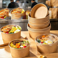 Boîte d'emballage pour la restauration rapide à emporter avec logo personnalisé, conteneur jetable biodégradable, bol en papier kraft pour salade, soupe chaude avec couvercle