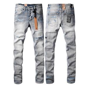 Özel erkek Retro delik ince düz ışık yıkama Denim pantolon nefes orta bel moda günlük kot yaz sonbahar bahar için - Product Image 5
