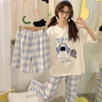 Pyjama d'été pour femmes, ensemble 3 pièces, pantalon à manches courtes, vêtements de maison, pyjama décontracté à motifs de dessins animés, pyjama en soie de lait douce et fraîche