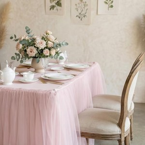 <span class=keywords><strong>Tovaglia</strong></span> Rosa con Balza a Strati in Tulle e Raso, Copritavolo Lungo per Matrimoni e Cene, Rotondo e Rettangolare, per Tavoli da Dessert - Product Image 4