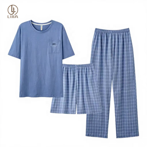 Set Pigiama <span class=keywords><strong>Uomo</strong></span> Lijia Premium 100% Cotone 3-in-1, Abbigliamento Casual da Casa con Pantaloni a Quadri, Traspirante, Taglie L-4XL, Loungewear Estivo - Product Image 1