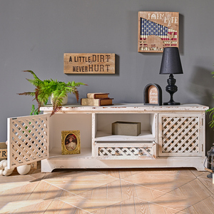 Meuble TV en bois massif fait main, durable, avec portes, couleur blanche, pour salon, appartement ou ferme - Product Image 3