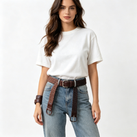 Ceinture tressée élastique tissée à la main, style rétro, décorative et tendance pour femme, large, avec boucle en alliage recouverte de cuir véritable