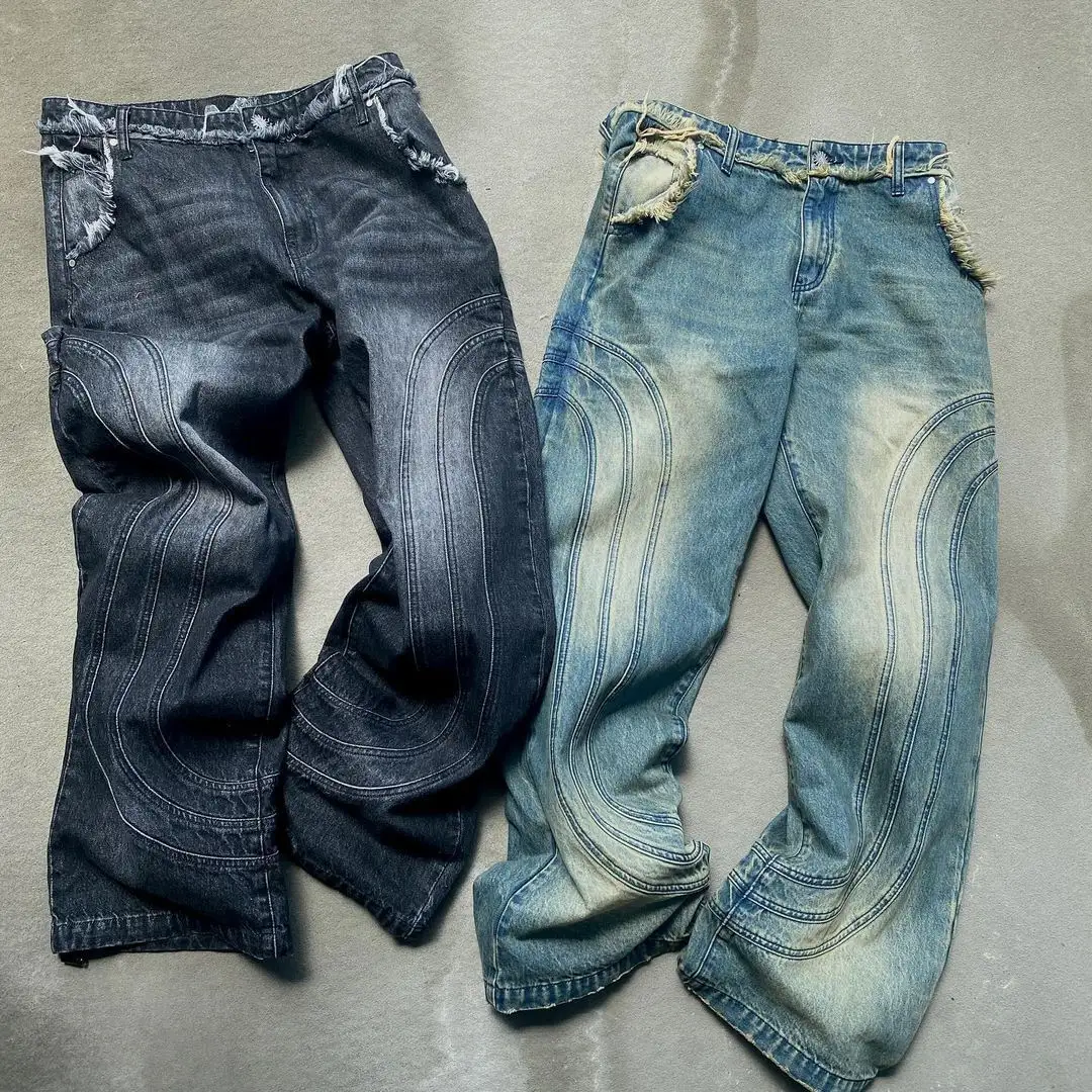 Jeans baggy de marque avec logo personnalisé gaufrage lavé à la boue jeans baggy déchirés pour hommes