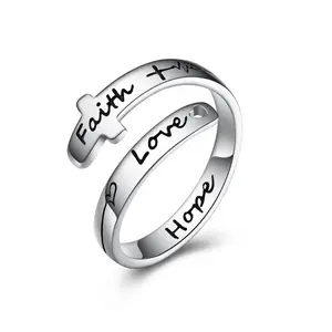 YFN סיטונאי מותאם אישית אופנה 925 סטרלינג כסף אמונה מקווה אהבת צלב מתכוונן לעטוף פתוח טבעת עבור נשים לחרוט