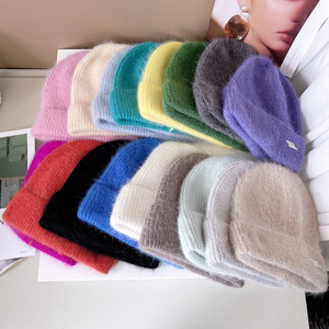 Bonnets en Laine pour Femmes et Hommes, Bonnet d'Hiver Tricoté en Fourrure de <span class=keywords><strong>Lapin</strong></span> <span class=keywords><strong>Angora</strong></span>, Bonnets Chauds - Product Image 1