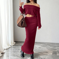 Ensemble deux pièces côtelé pour femme, haut à manches longues à épaules dénudées et jupe midi taille haute, tenue d'automne