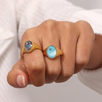 Bijoux de mode étanche 18K plaqué or en acier inoxydable Turquoise chevalière goutte d'eau ormeau coquille Zircon anneau pour les filles