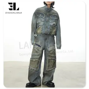 LARSUR Custom Factory Distress Mud Wash Motorcycle Denim Jacket And Denim Pants 2pcs Jean Waxed Coated Cargo Denim Set Men