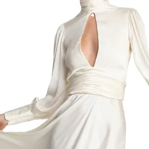 Vintage Satin Cut Out Maxi Dress Women Elegant Puff Sleeve Open Back Ruched Detail Dress