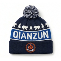 Bonnet d'hiver en tricot jacquard personnalisé chaud avec patch brodé, bord épais, bleu marine, pour homme, avec pompon, idéal pour l'extérieur