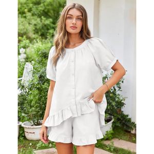 Womens Pajamas <b>Set</b> <b>2</b> <b>Piece</b> Cotton Ruffle Top Shorts Sleepwear Summer Outfits Soft Loungewear - Product Image 6