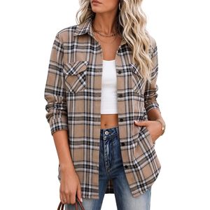 <b>Flannel</b> Shirt Women Plaid Button Down Long Sleeve Autumn <b>Tops</b> Breathable Turn-down Collar Utility Style - Product Image 1