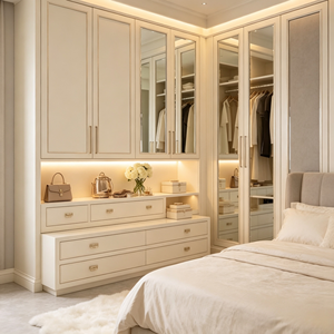 <span class=keywords><strong>Dressing</strong></span> Moderne de Luxe Personnalisé avec Portes Miroir en Bois Massif Blanc Crème, Armoire Plafond-Plancher et Unité de Rangement à Tiroirs Grande Capacité - Product Image 6