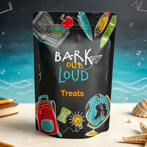 Sachet refermable à fermeture éclair en aluminium noir de qualité alimentaire pour animaux de compagnie, avec logo personnalisé, pour friandises, biscuits et autres gâteries pour chiens - Product Image 1