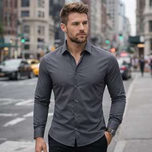 Camicia da <span class=keywords><strong>Uomo</strong></span> Elasticizzata Grigio Scuro <span class=keywords><strong>Slim</strong></span>-<span class=keywords><strong>Fit</strong></span> con Ricamo Personalizzato Manica Lunga 100% Cotone <span class=keywords><strong>Abbigliamento</strong></span> Casual Maschile - Product Image 1