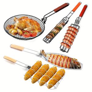 New Bbq <b>Mesh</b> Barbecue Stainless Steel Fish <b>Grill</b> Basket With Wooden Handle - Product Image 3